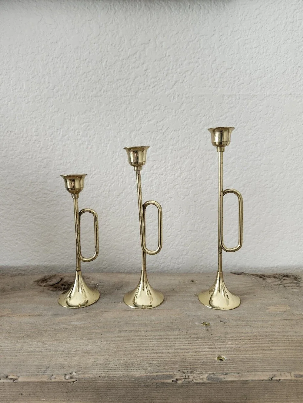 Lot of 3 Vintage Christmas Holiday Brass Horn Candleholders Made in India